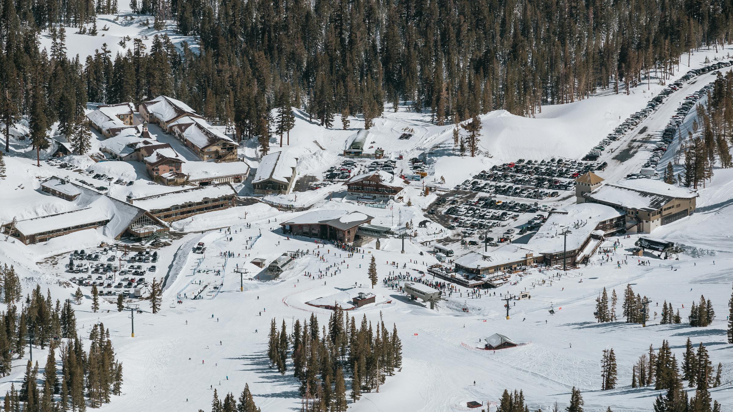 Aerial image of Main Lodge and Mammoth Mountain Inn