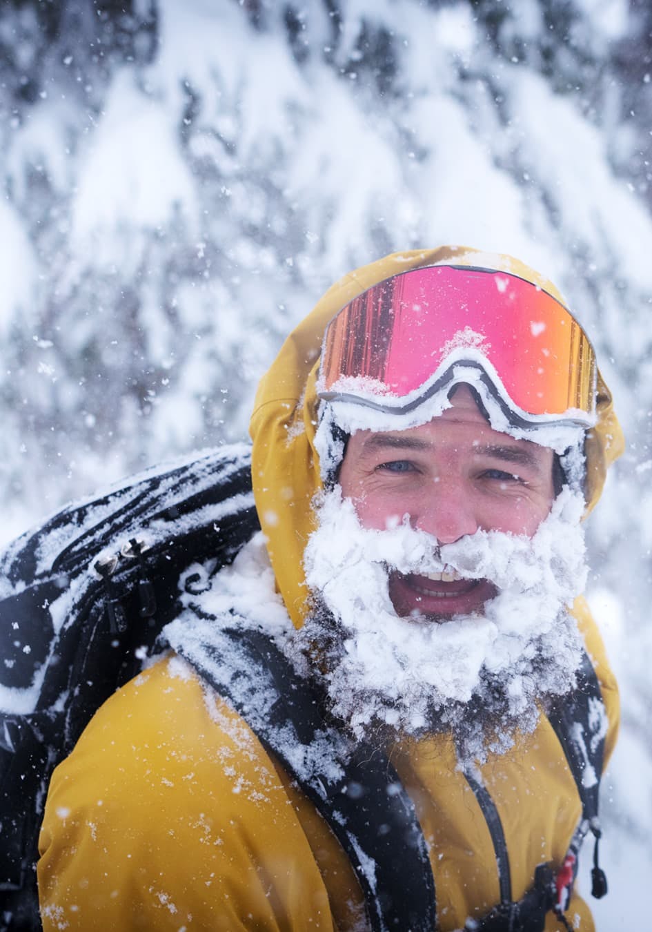 Skier with snow covered beard