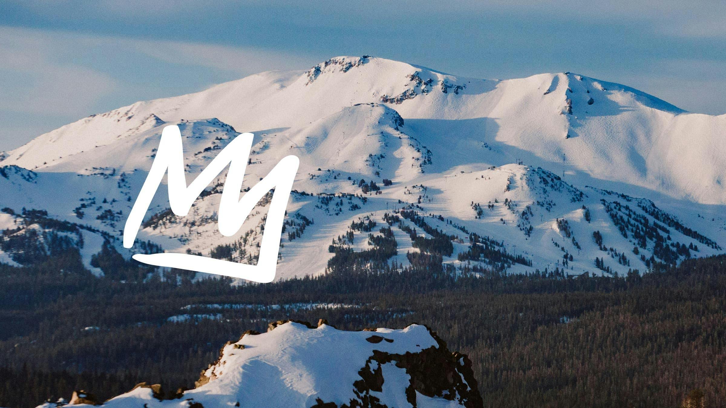 Scenic winter image of Mammoth Mountain with Mammoth's logo.