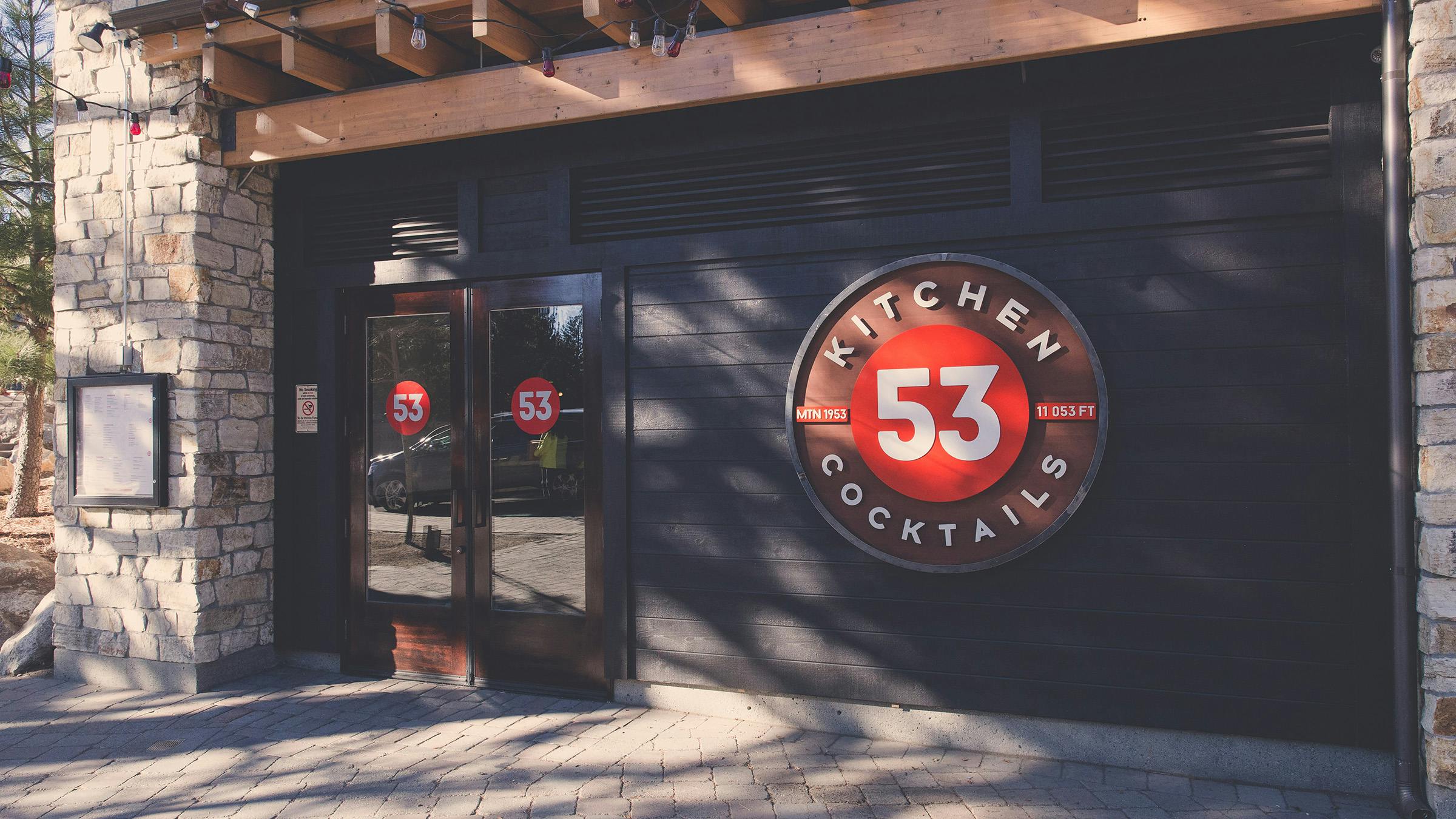 Front entrance to 53 Kitchen and Cocktails with 53 Logo on window