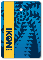 Ski pass creative, blue swirling design with Ikon Pass written down the side on a yellow banner