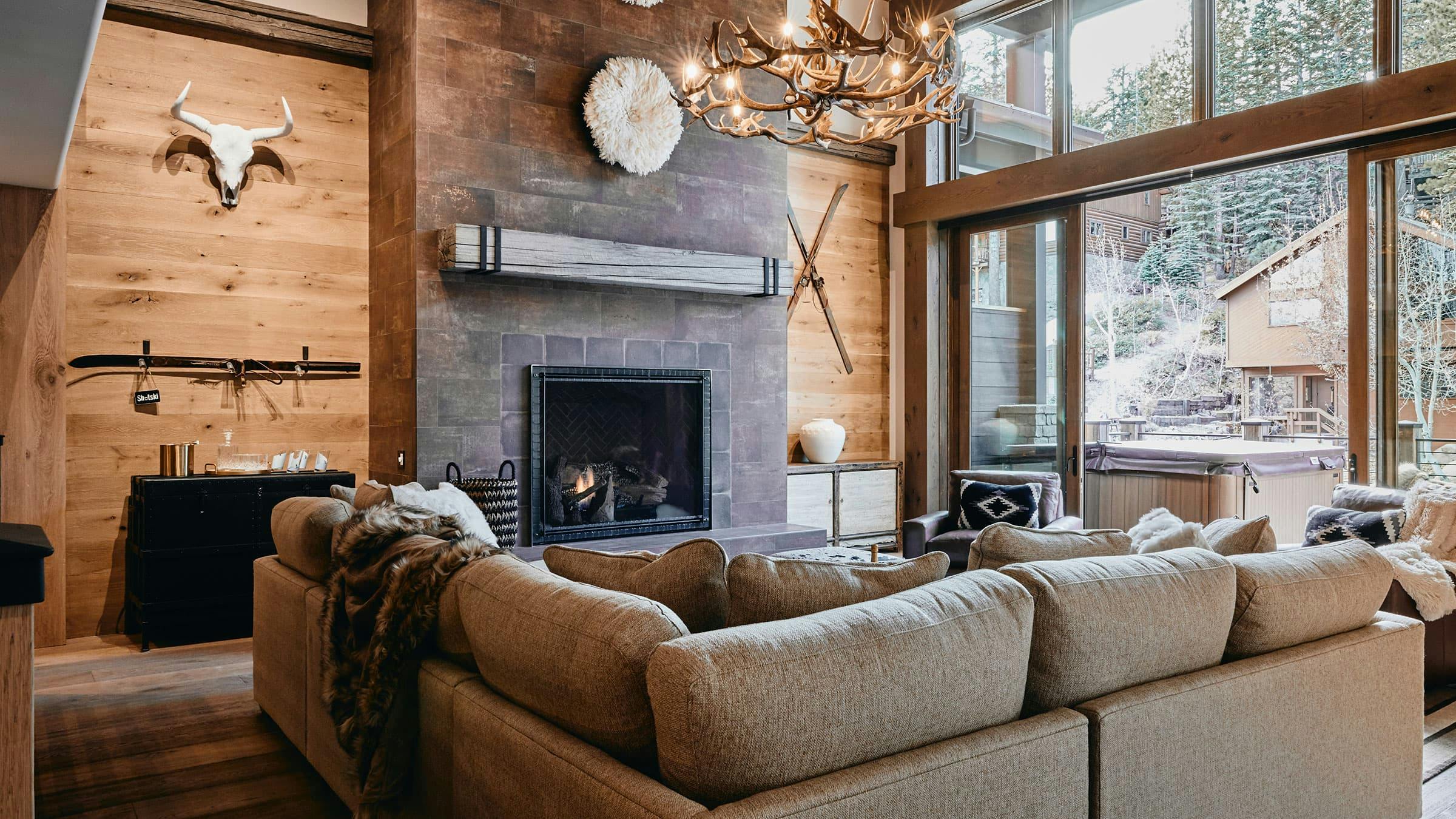 Living room and fireplace inside a Hillside Highlands