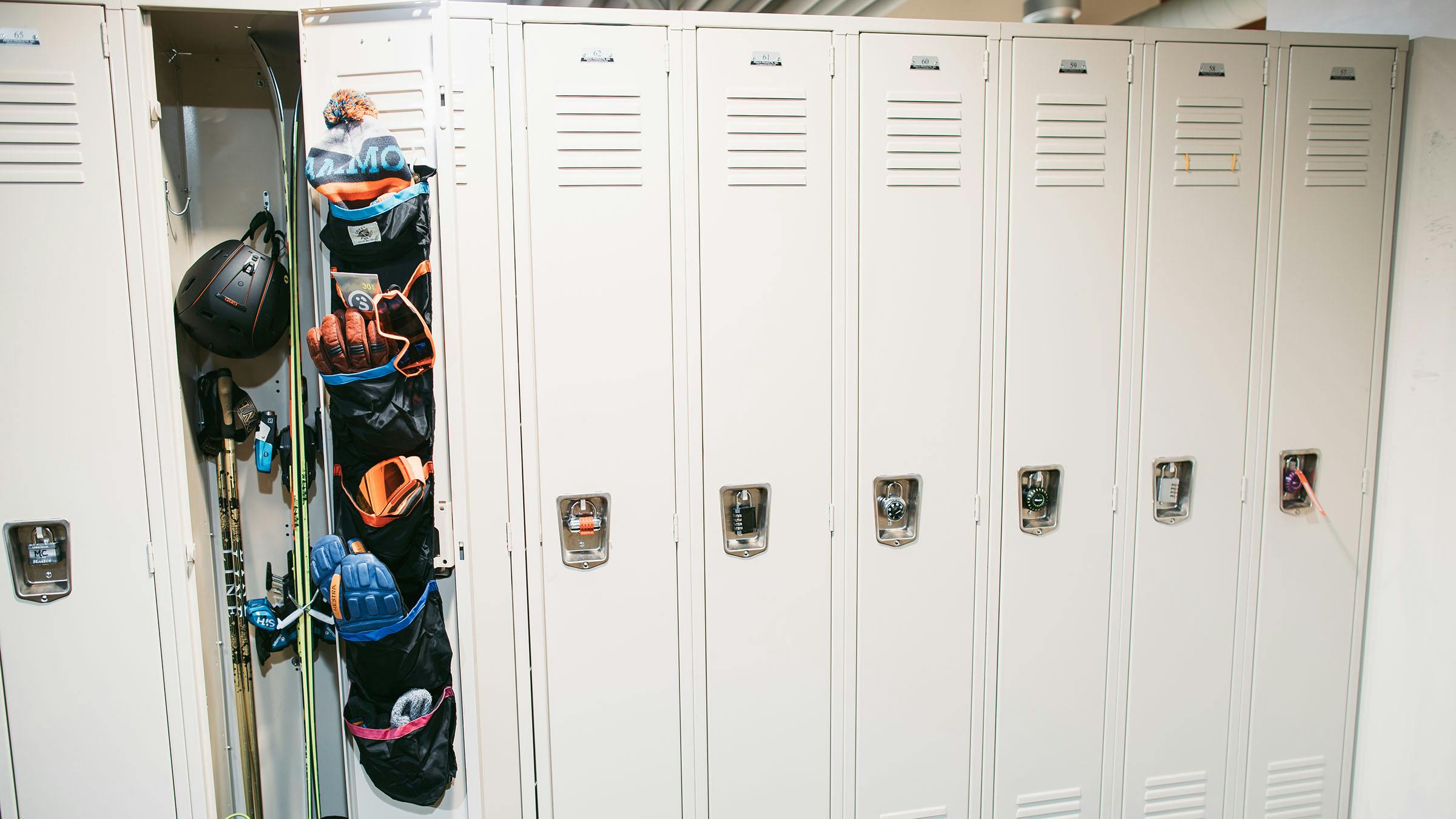 Open locker with ski gear