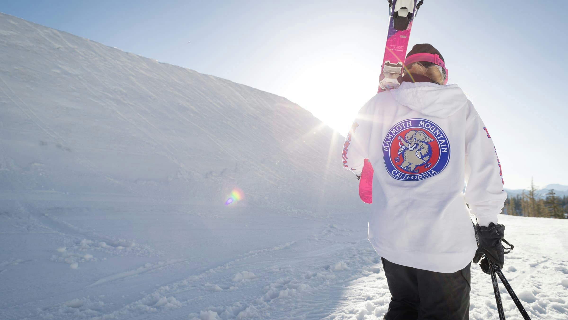 Girl skier wearing the Mammoth Woolly Ski Sweatshirt