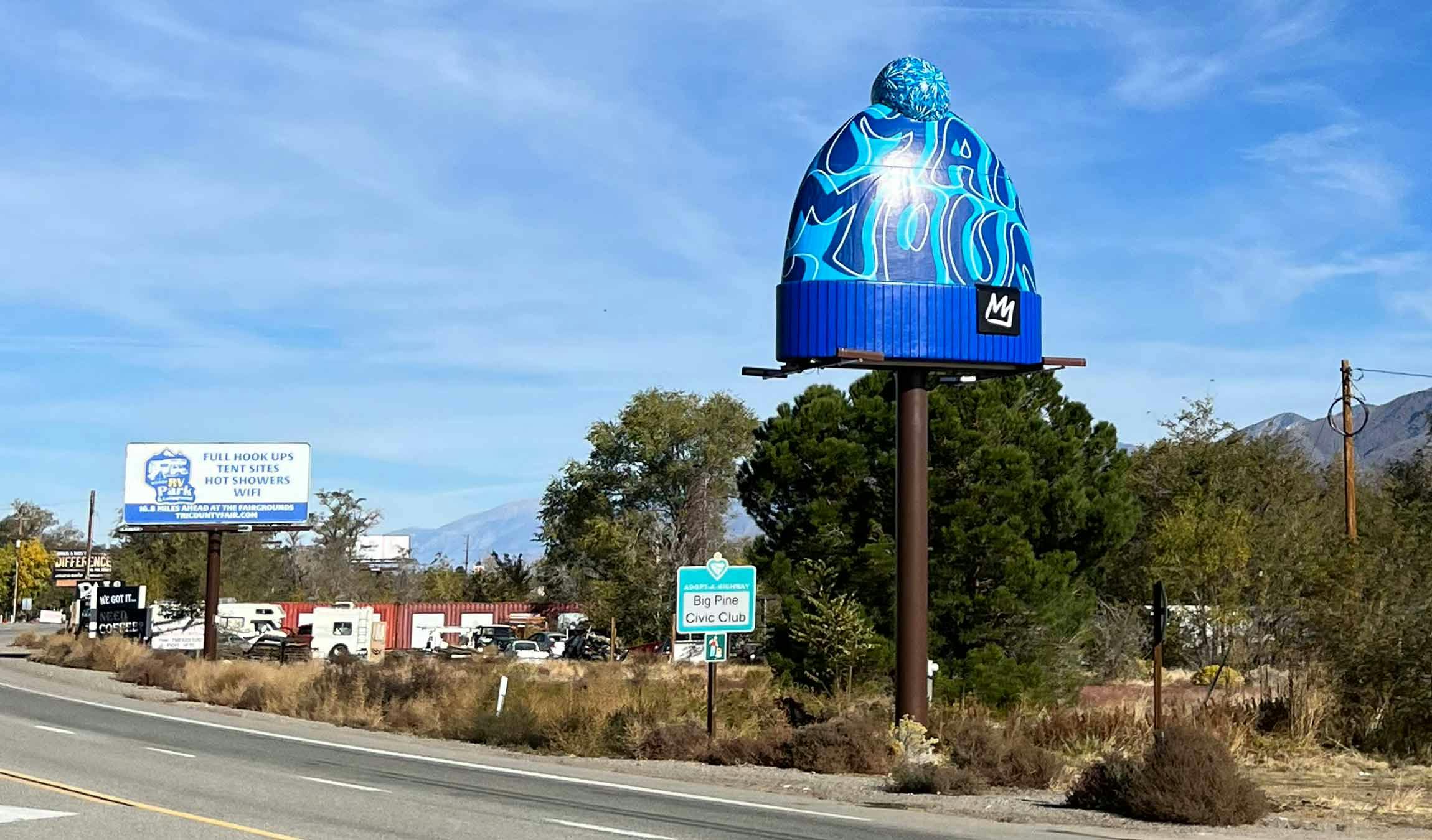 Billboard of the Mammoth Beanie on Highway 395.