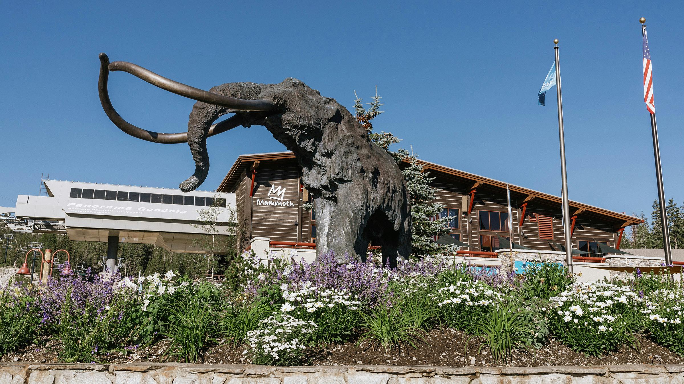 Woolly Mammoth statue in summer in front of Panorama Gondola building