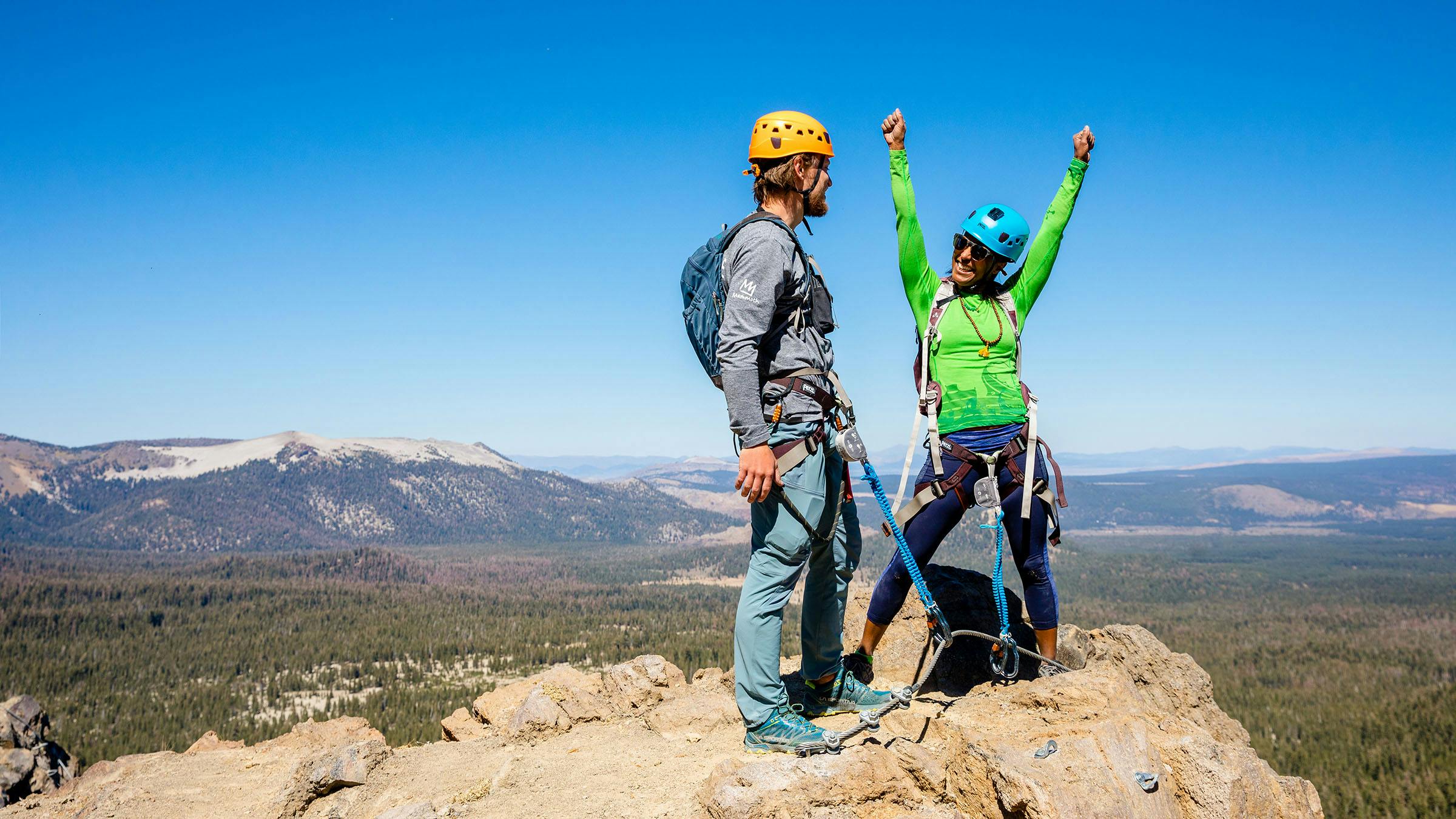 Guide and client on top of Mammoth Mountain's Via Ferrata