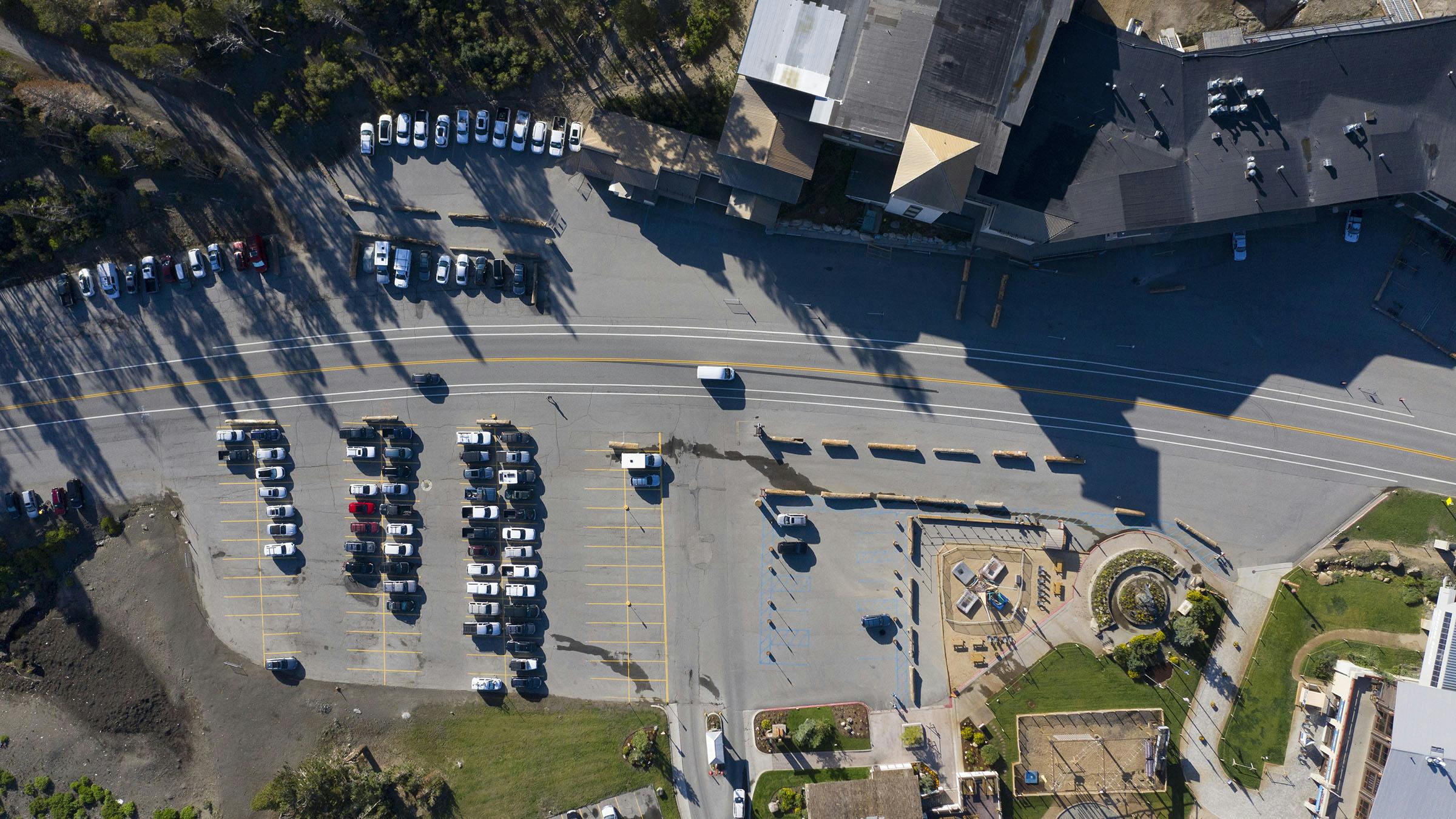 Aerial view of Main Lodge parking lot in the summer