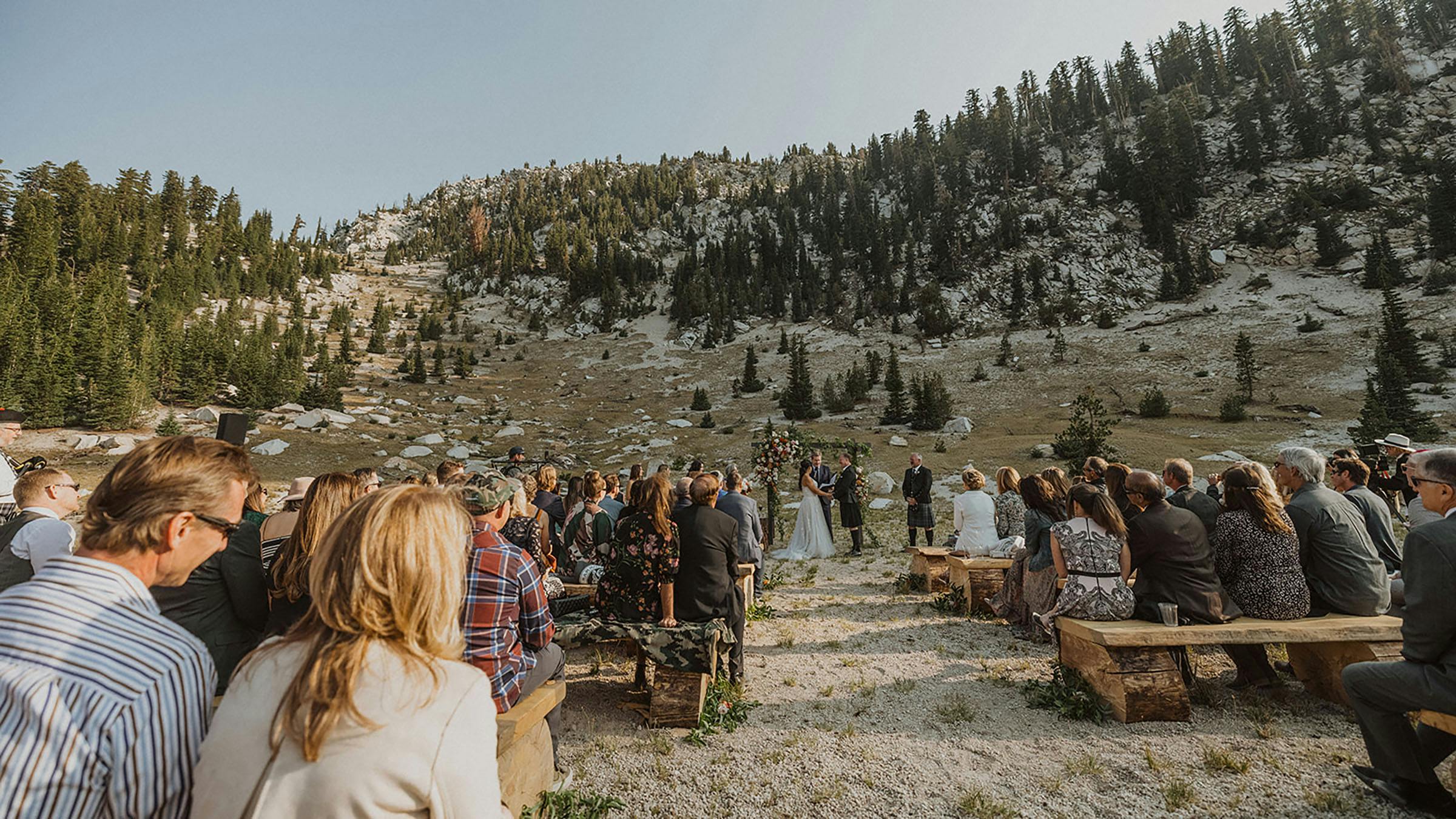Outdoor wedding ceremony at Hemlock Meadow on the backside of Mammoth Mountain