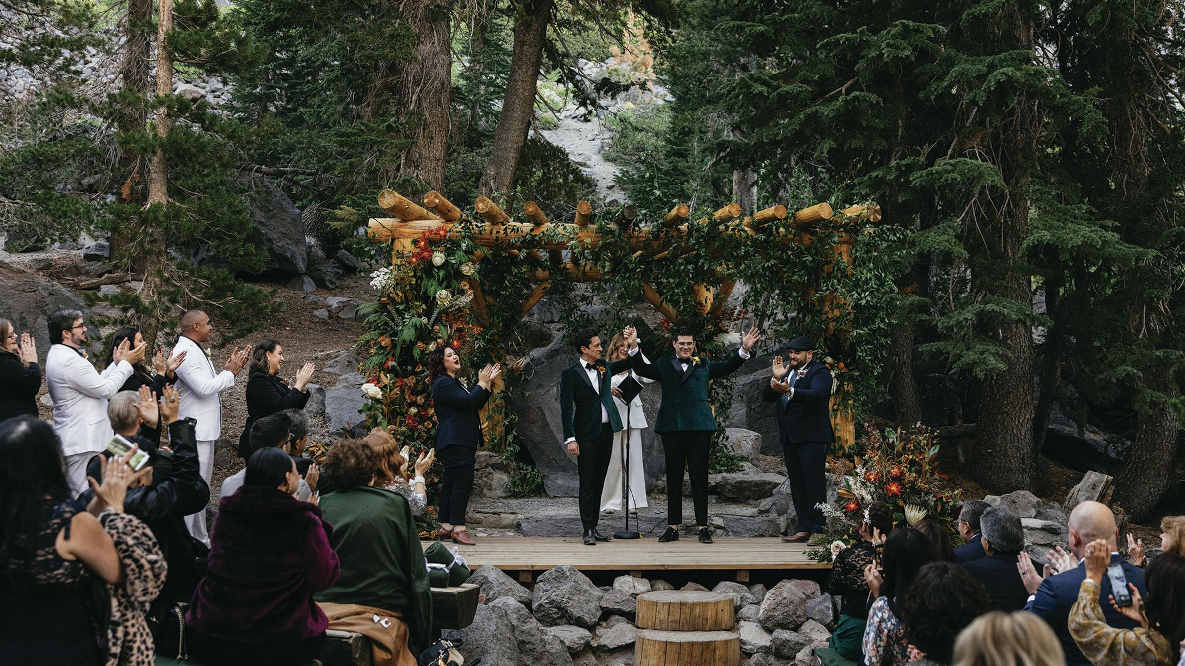 Wedding ceremony in the trees at Forest Chapel in Mammoth Lakes
