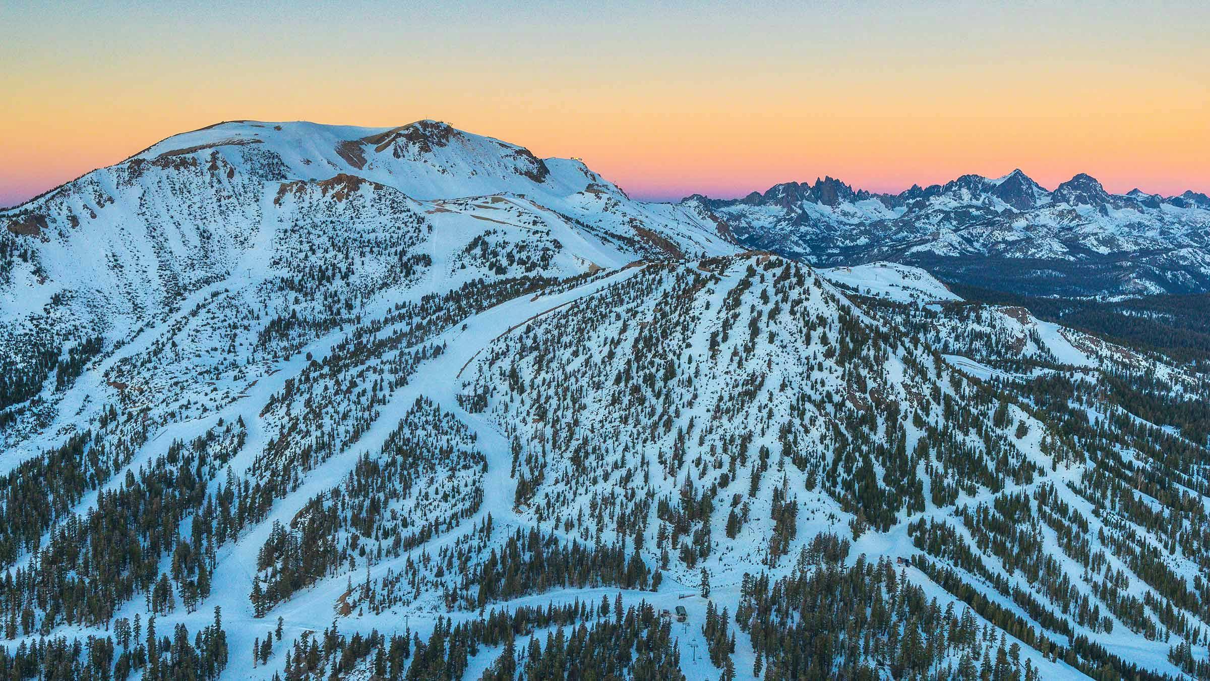 Aerial image of Mammoth Mountain at sunrise